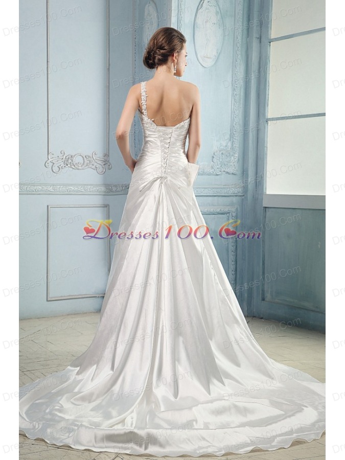 Wedding Dress One Shoulder Appliques and Beading Ruching