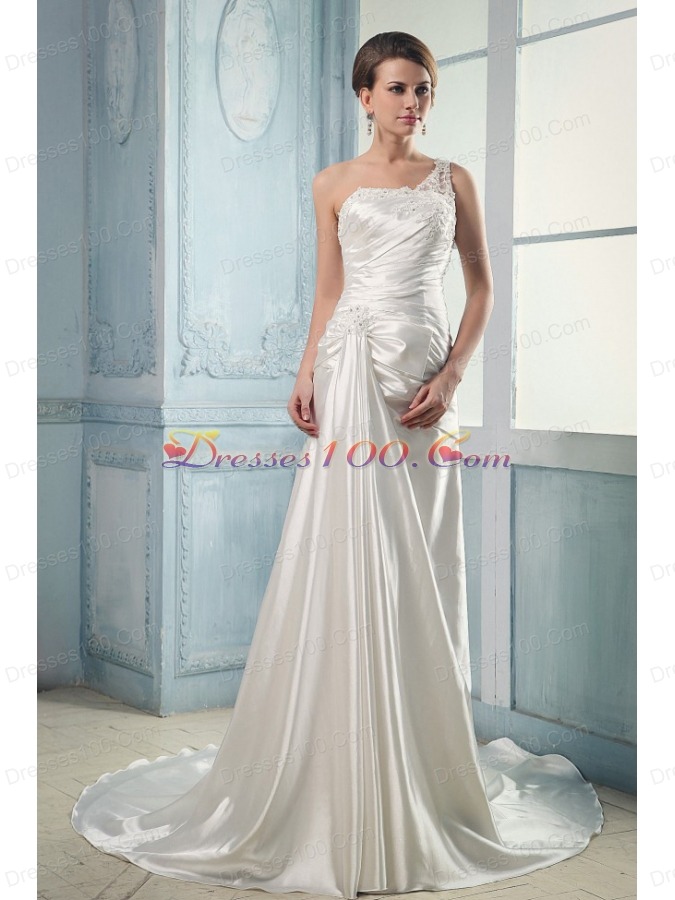 Wedding Dress One Shoulder Appliques and Beading Ruching