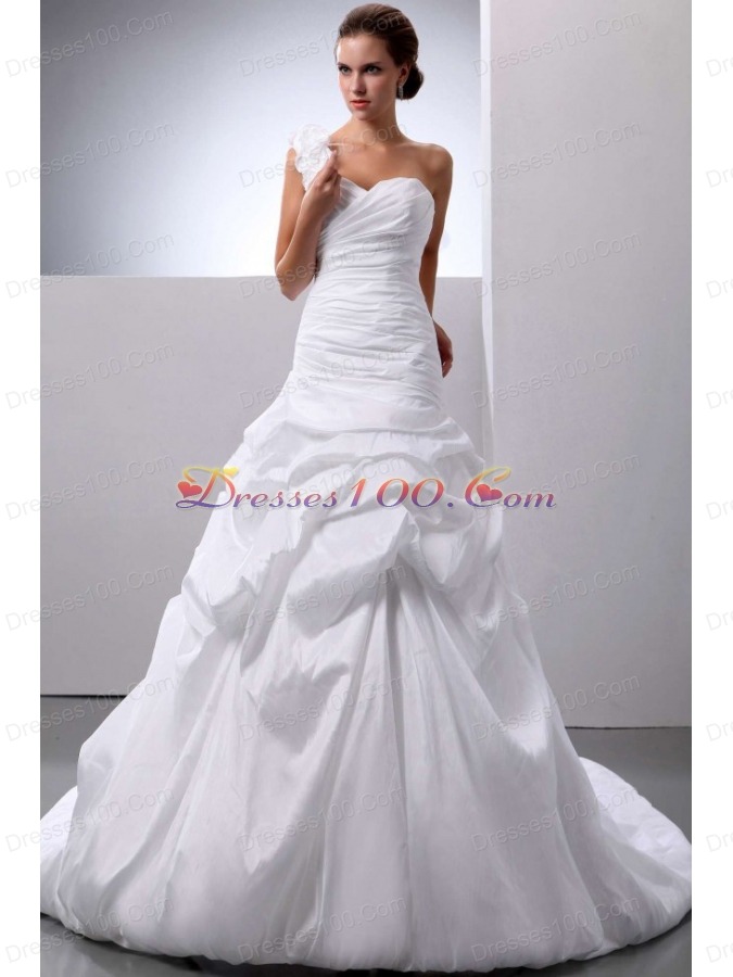 A-line Pick-ups Wedding Gown With One Shoulder Train