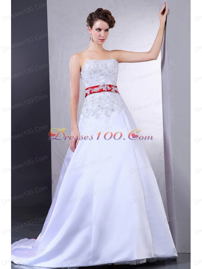 Wedding Dress With Appliques and Red Sash Court Train