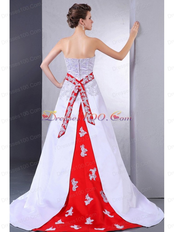 Wedding Dress With Appliques and Red Sash Court Train