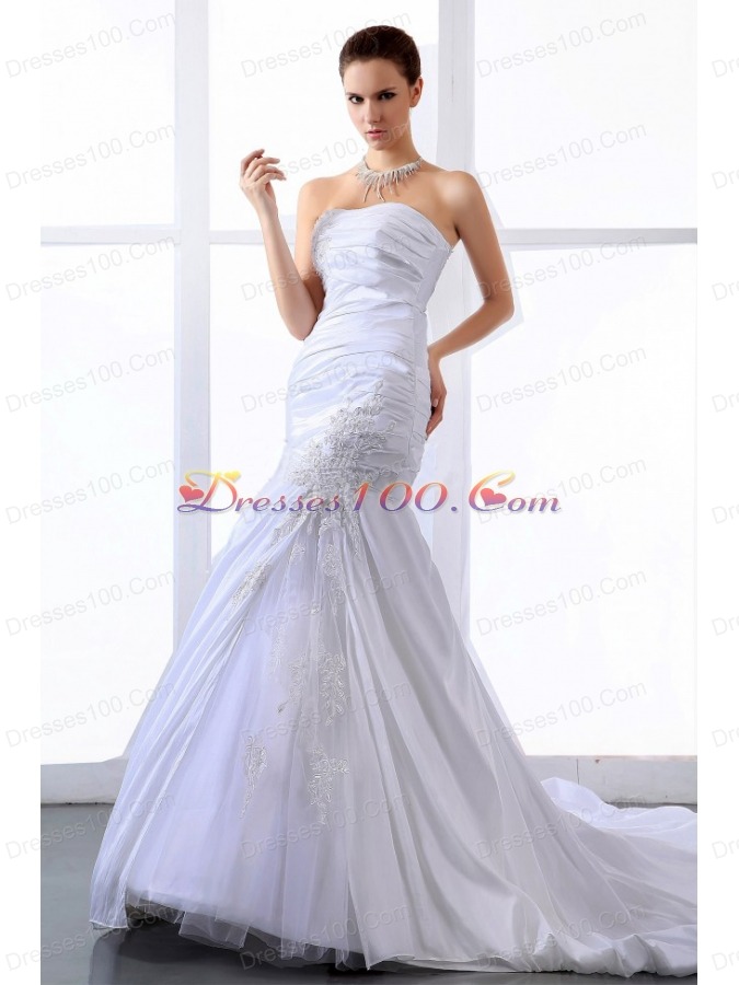 A-line Wedding Dress Court Train With Appliques Ruching