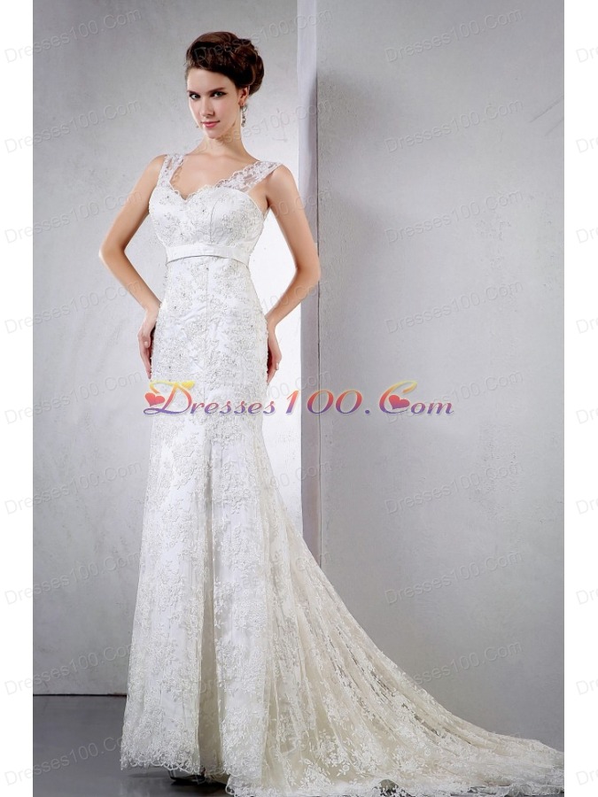 Lace Clasp Handle V-neck Court Train Wedding Dress