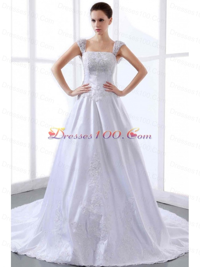 Appliques Wedding Dress Straps Cathedral Train A-line