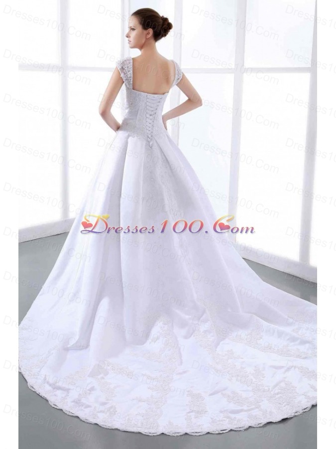 Appliques Wedding Dress Straps Cathedral Train A-line