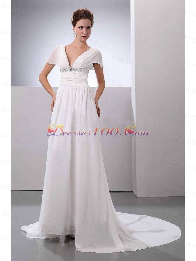 Short Sleeves V-Neck Court Train Chiffon Wedding Dress