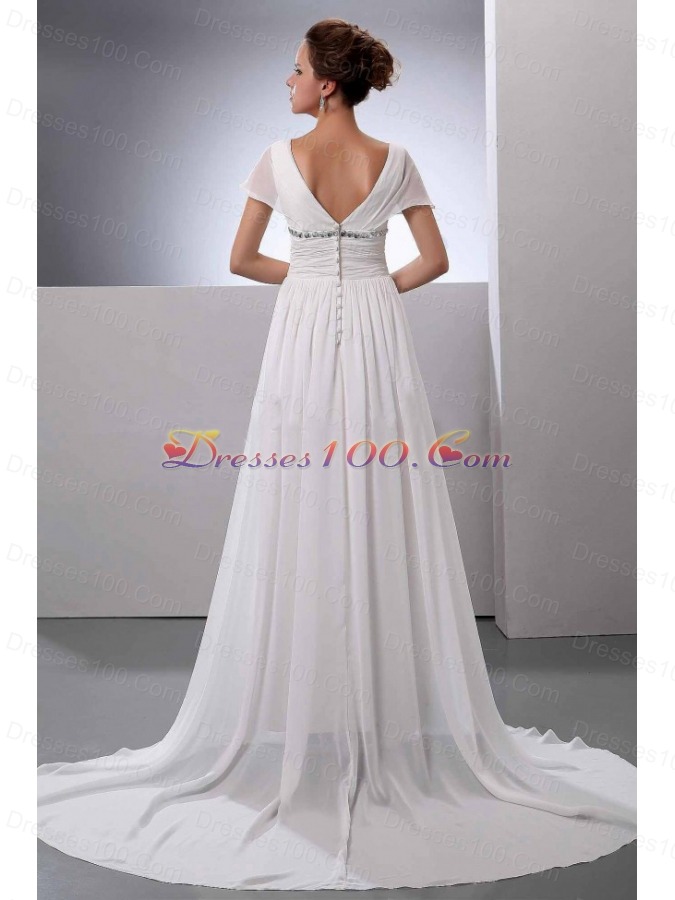 Short Sleeves V-Neck Court Train Chiffon Wedding Dress