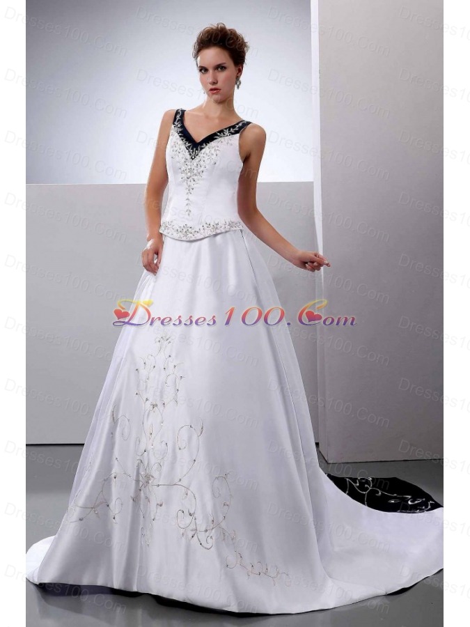 V-Neck A-Line Embroidery Wedding Dress Court Train Satin