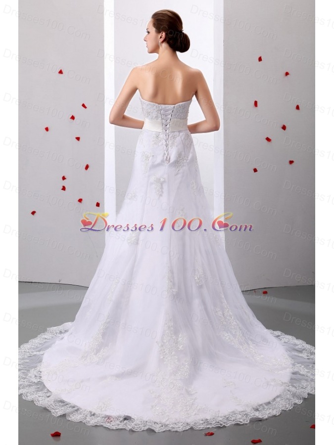 A-Line Strapless Tulle Appliques Beading Wedding Gowns