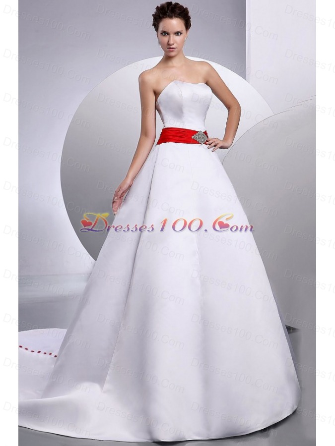 Red Belt Wedding Gowns Dresses Court Train Satin
