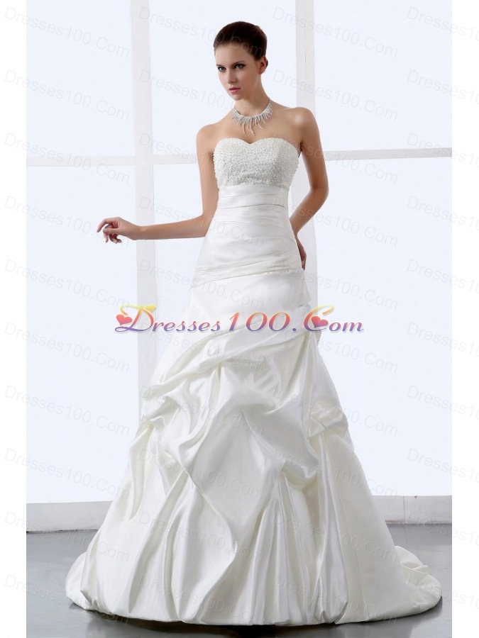 A-line Beaded Wedding Dress Bridal Brush Train Satin