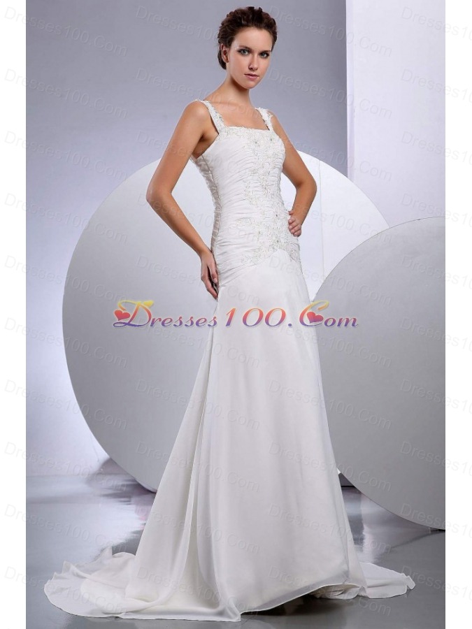 Straps Embroidery Bridal Gowns Ruched Princess Chiffon