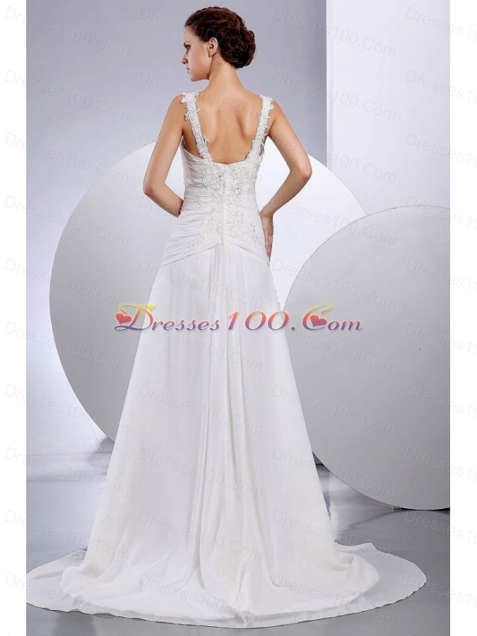 Straps Embroidery Bridal Gowns Ruched Princess Chiffon