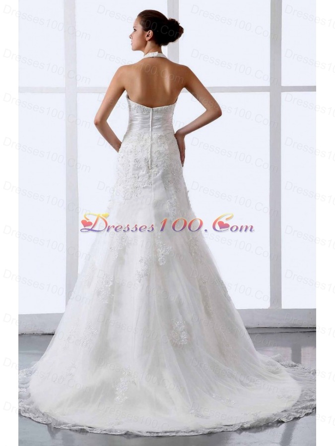 Halter Appliques Tulle Court Train Wedding Dress V-neck