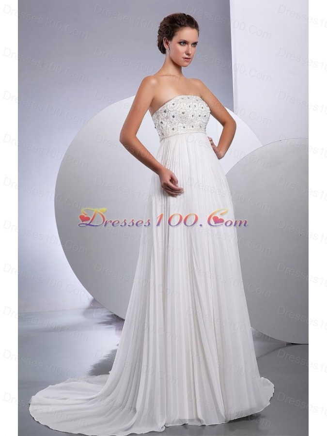 Pleated Beaded Empire Wedding Dresses Chiffon Strapless