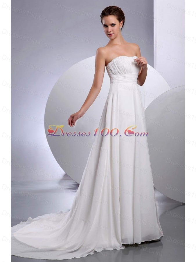 Chiffon Ruched Court Train Wedding Dress Strapless