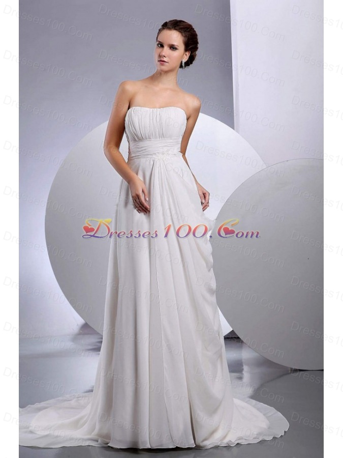 Chiffon Ruched Court Train Wedding Dress Strapless
