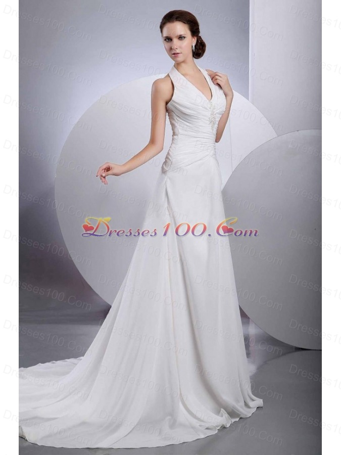 Halter White Chiffon Wedding Gown Dress Appliques