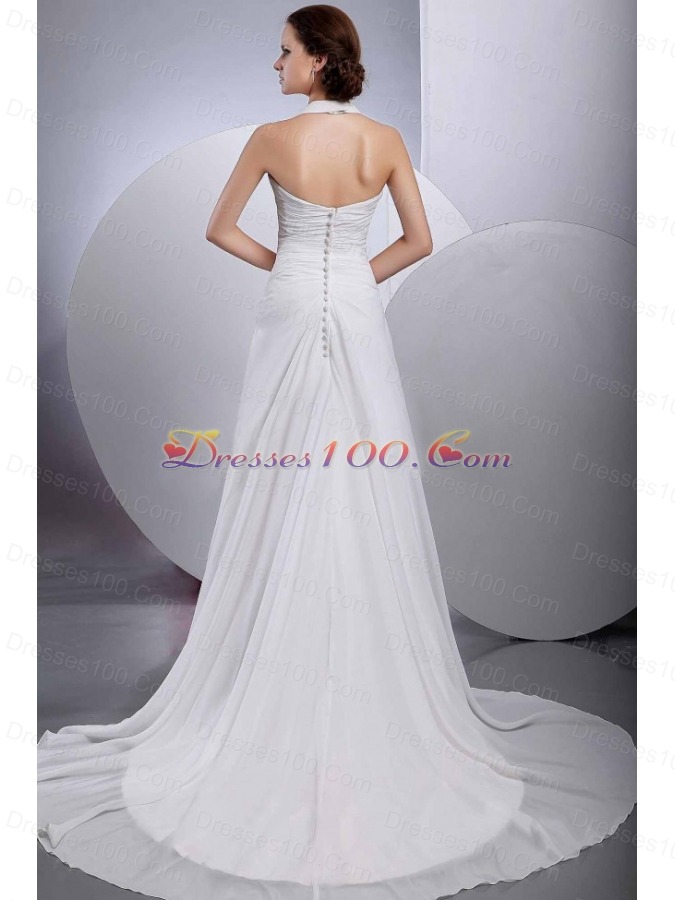 Halter White Chiffon Wedding Gown Dress Appliques