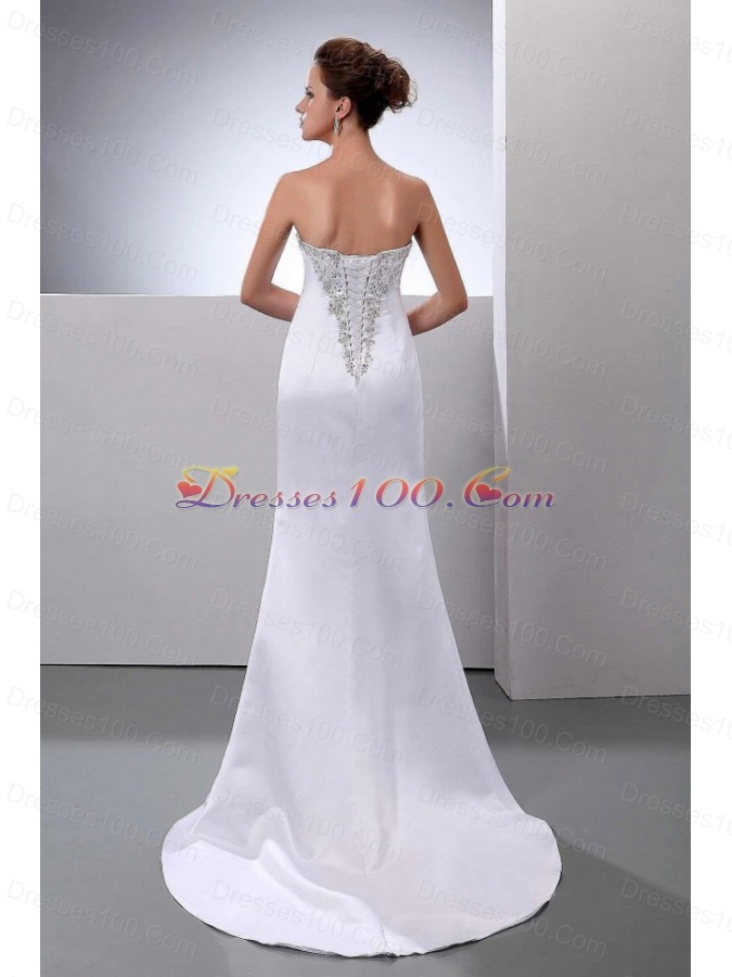 Beading Sweep Train Satin Column Wedding Dress