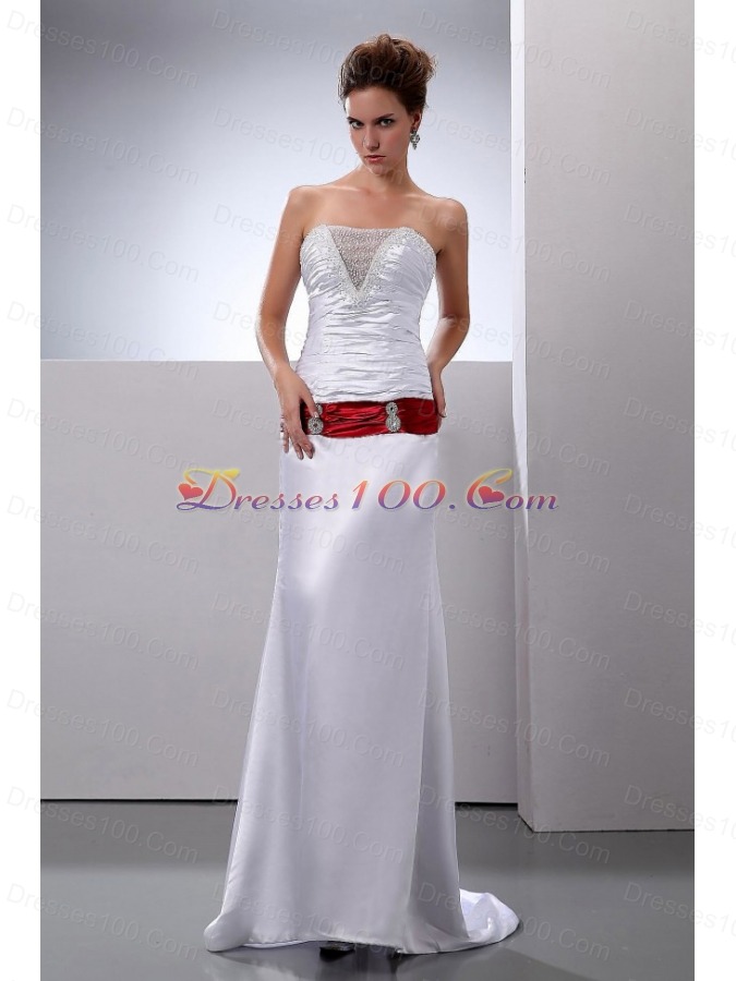 Column Strapless Wedding Dress Sweep Train Satin