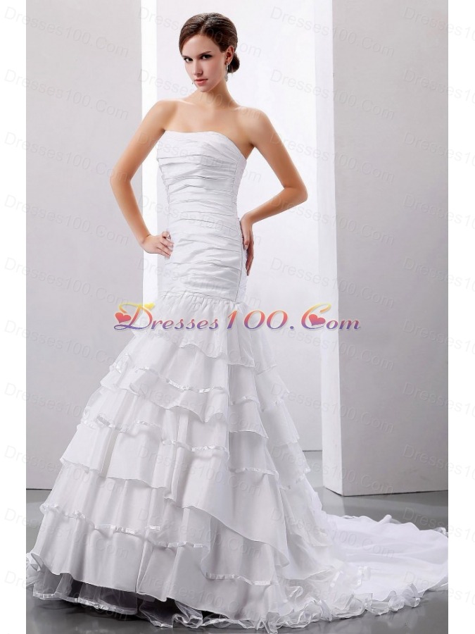 Mermaid Layered Ruffles Wedding Dresses Ruched Strapless