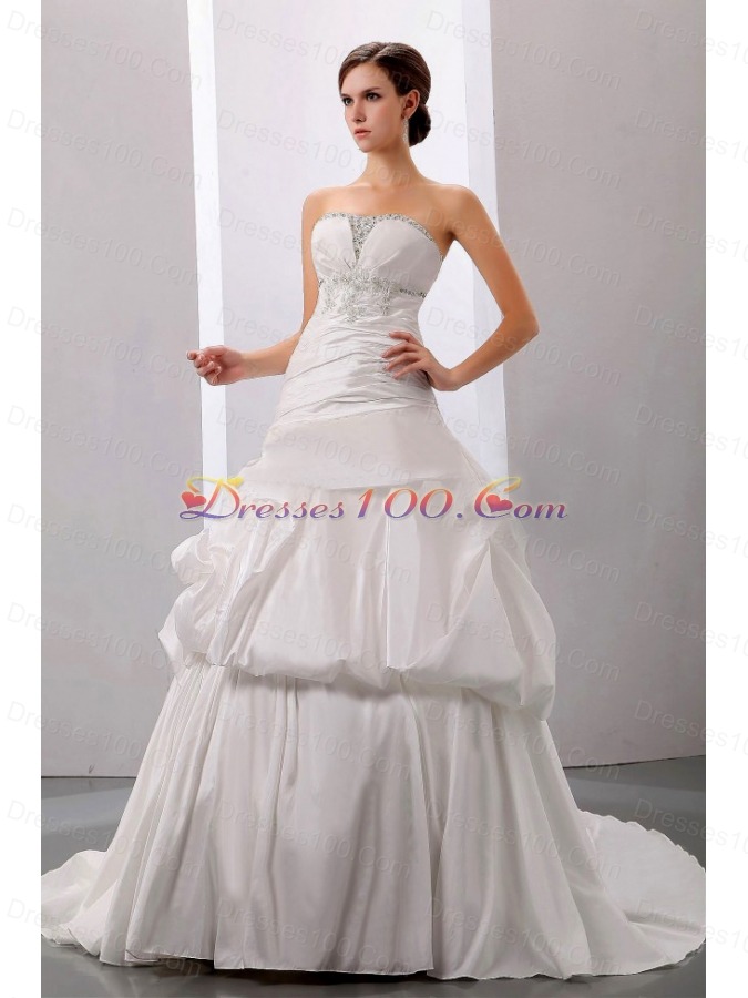 Beading A-Line Strapless Wedding Bridal Dress Taffeta