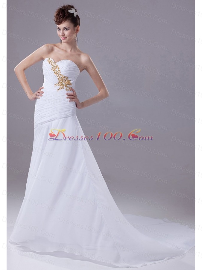 Ruched Appliques Chiffon Court Train White Wedding Dress