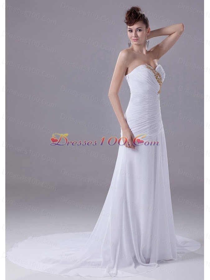 Ruched Appliques Chiffon Court Train White Wedding Dress