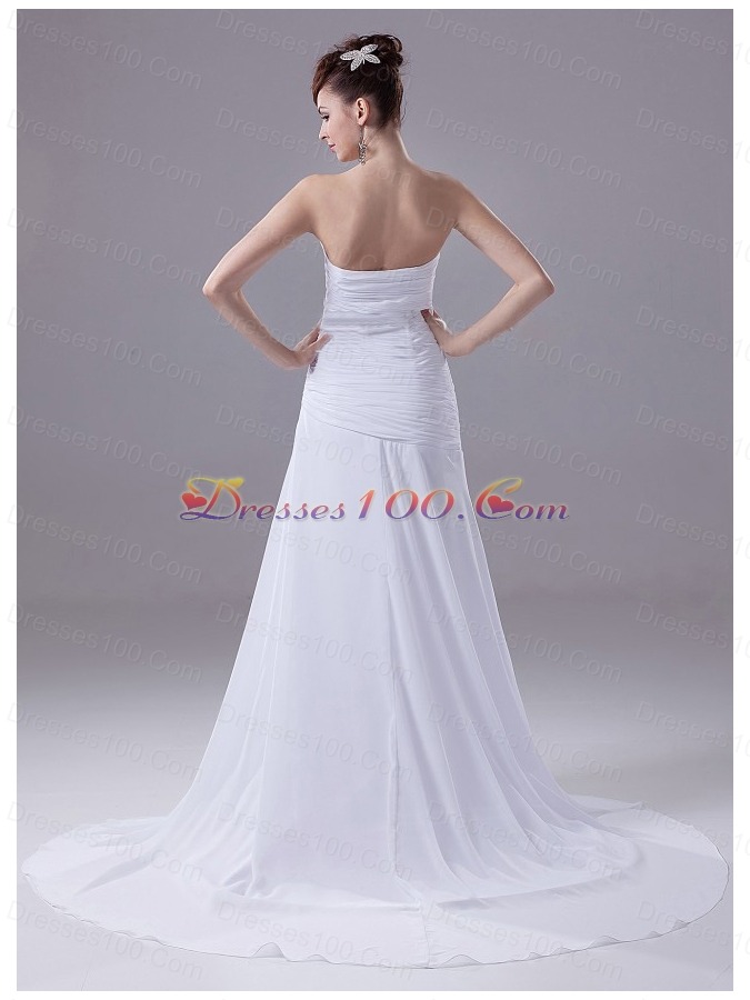 Ruched Appliques Chiffon Court Train White Wedding Dress