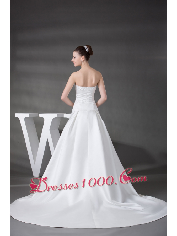 A-line Beading Satin Strapless Chapel Train Wedding Dress