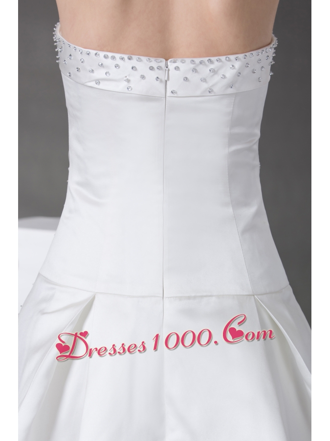 A-line Beading Satin Strapless Chapel Train Wedding Dress