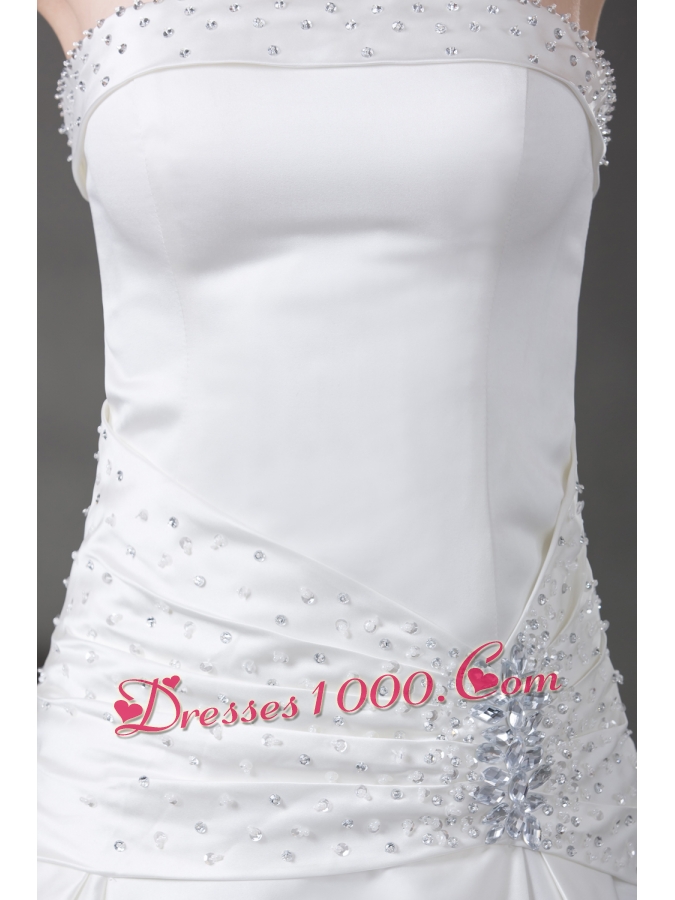A-line Beading Satin Strapless Chapel Train Wedding Dress