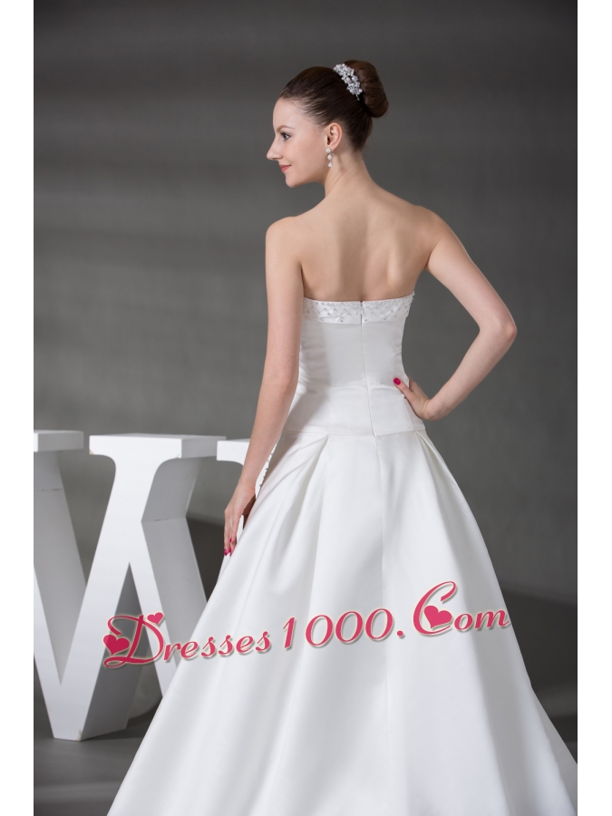 A-line Beading Satin Strapless Chapel Train Wedding Dress