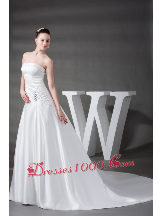 A-line Beading Satin Strapless Chapel Train Wedding Dress