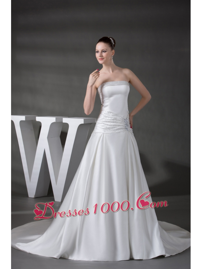 A-line Beading Satin Strapless Chapel Train Wedding Dress