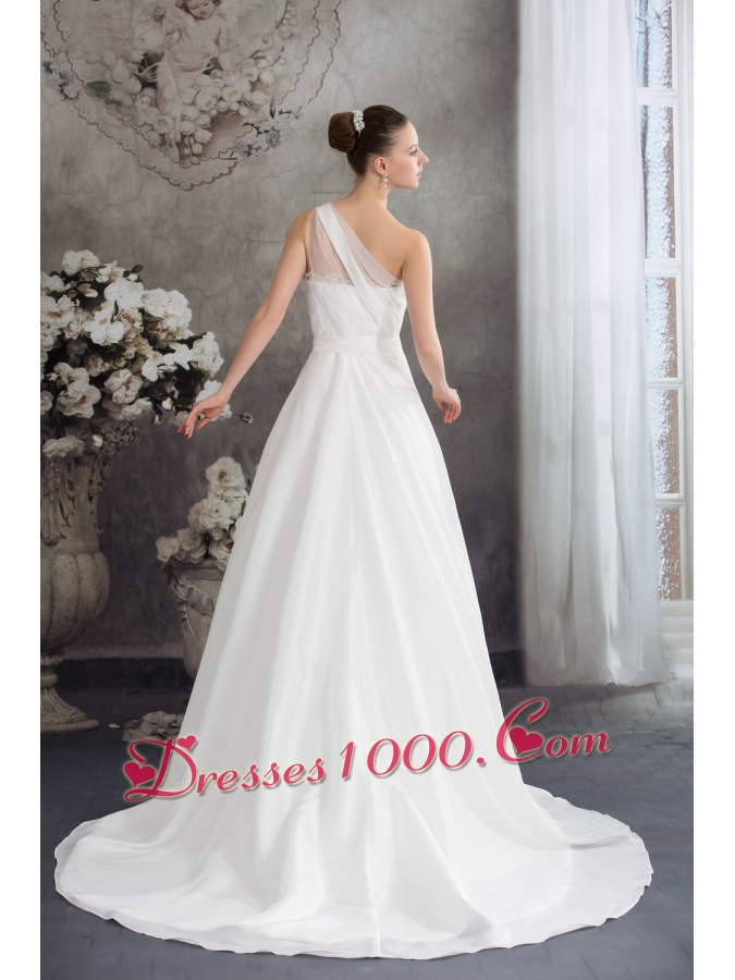 A-line One Shoulder Ruching Lace Court Train Wedding Dress
