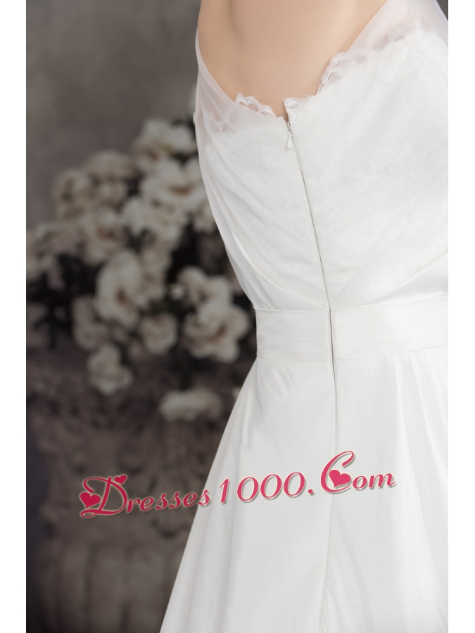 A-line One Shoulder Ruching Lace Court Train Wedding Dress