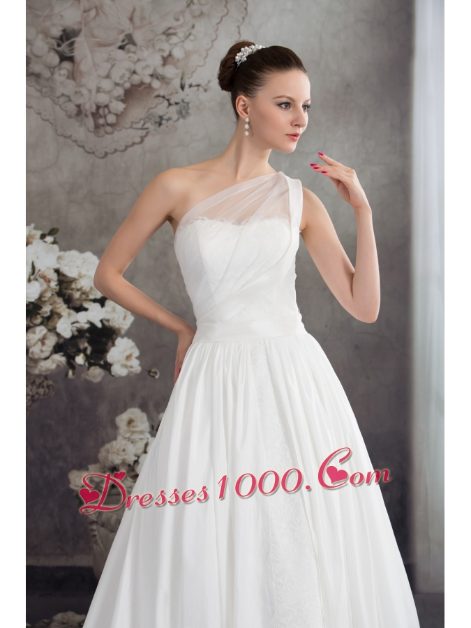 A-line One Shoulder Ruching Lace Court Train Wedding Dress