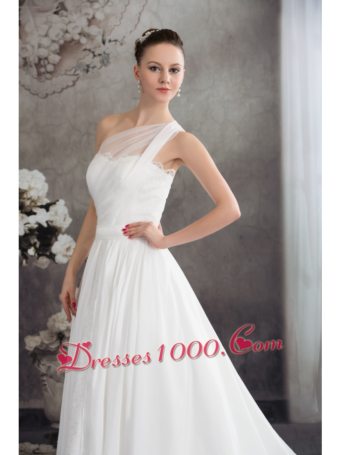 A-line One Shoulder Ruching Lace Court Train Wedding Dress