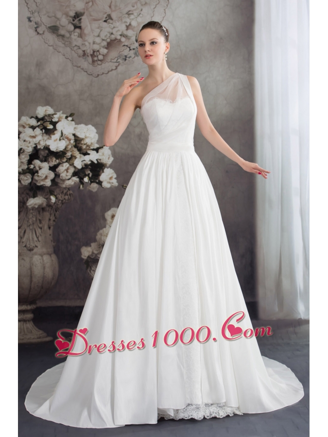 A-line One Shoulder Ruching Lace Court Train Wedding Dress