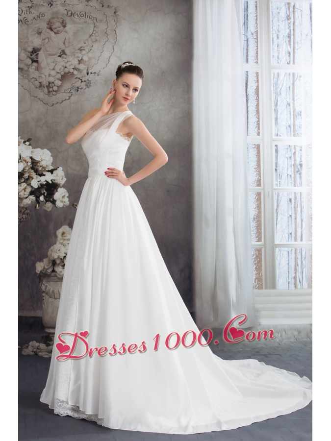 A-line One Shoulder Ruching Lace Court Train Wedding Dress