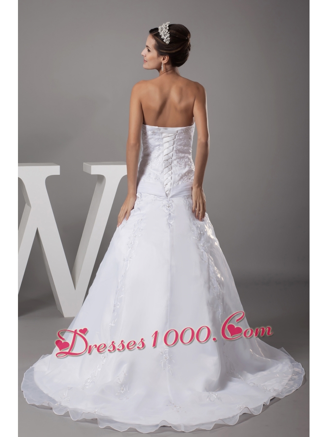 A-line Strapless Court Train Appliques Wedding Dress