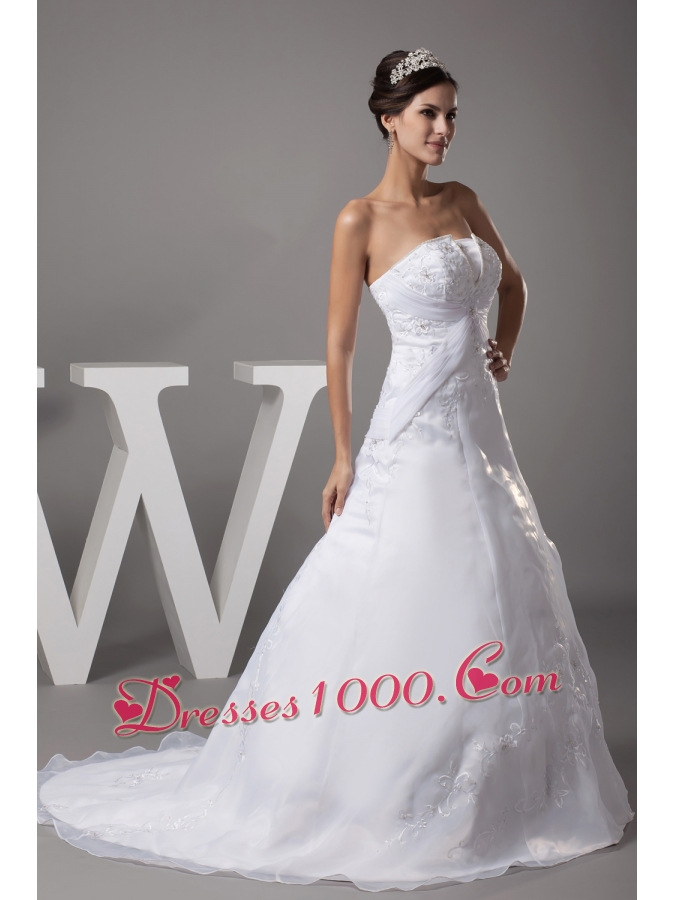 A-line Strapless Court Train Appliques Wedding Dress