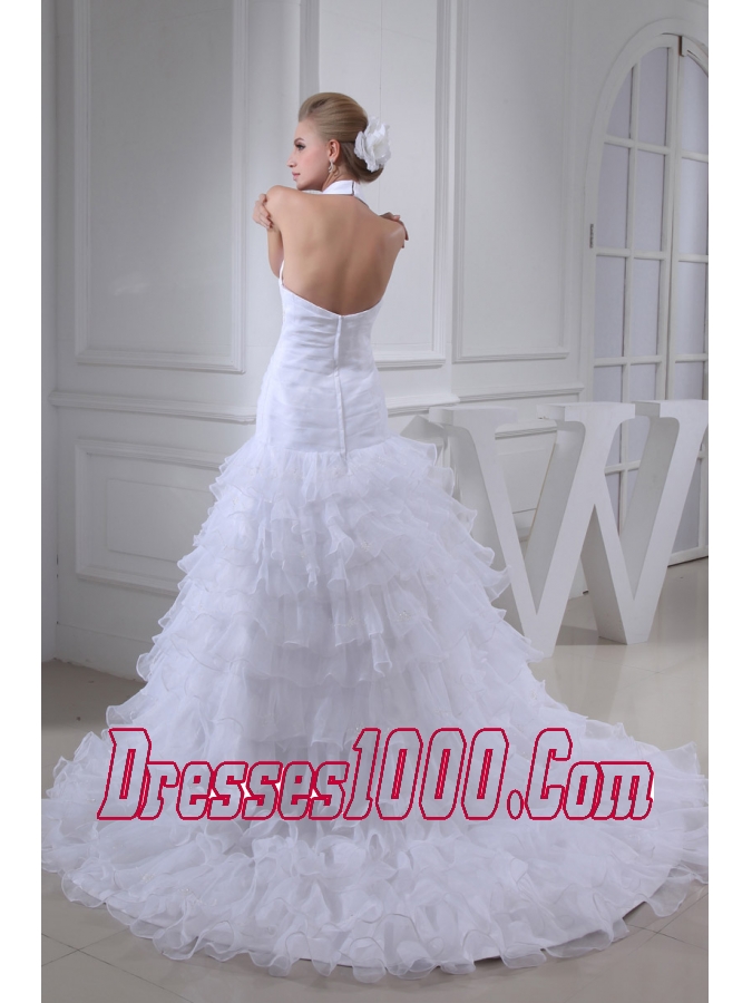 Beading Ruffles A-line Halter Court Train Wedding Dress