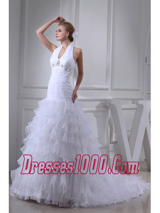 Beading Ruffles A-line Halter Court Train Wedding Dress