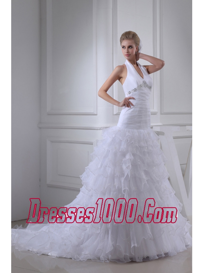 Beading Ruffles A-line Halter Court Train Wedding Dress