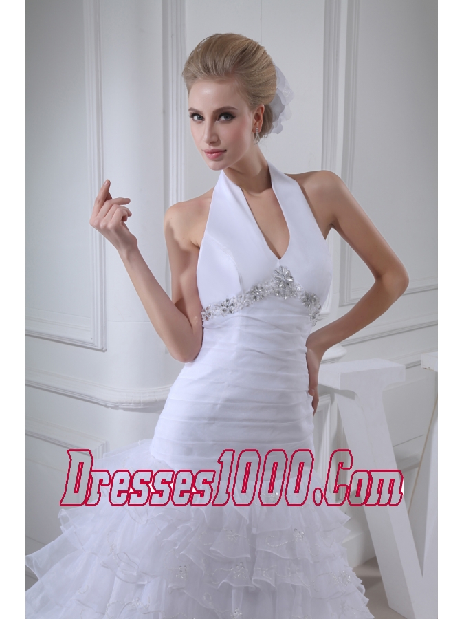 Beading Ruffles A-line Halter Court Train Wedding Dress