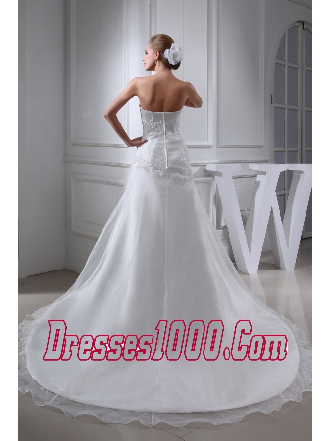 Cheap Appliques Strapless A-line Chapel Train Wedding Dress