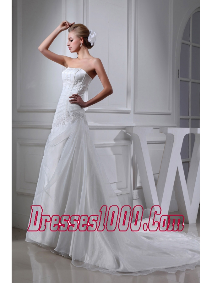 Cheap Appliques Strapless A-line Chapel Train Wedding Dress